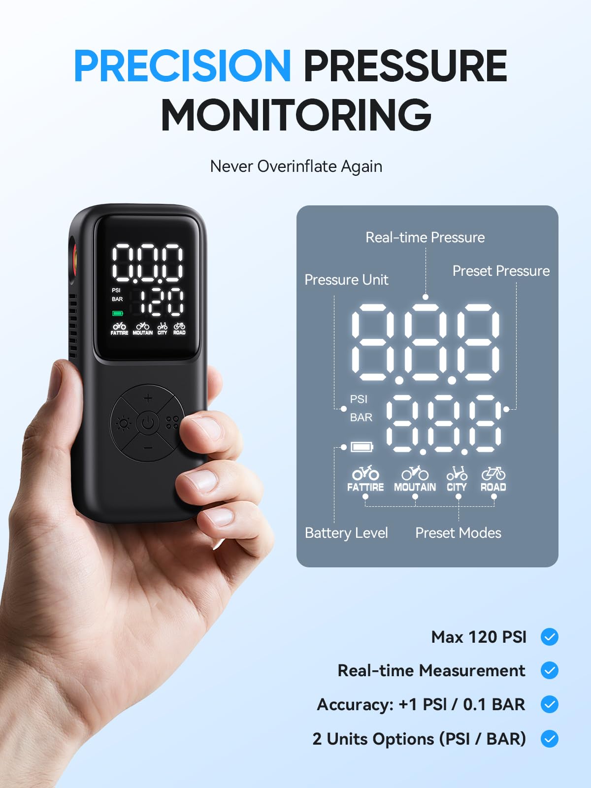 elektrische-fietspomp-195qyc-1.jpg Pomp Met Manometer En Auto stop GPUTEK Mini Elektrische Fietspomp 120 Psi, Met Manometer, 5 Modi, Voor Presta/Schrader, Ideaal Voor Race , Mountain En Stadsfietsen - Afbeelding 1
