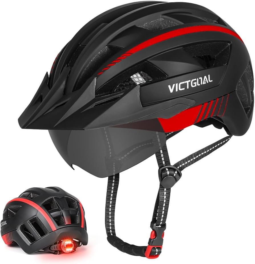 fietshelm-heren-404hki-1.jpg VICTGOAL Fietshelm Heren Mountainbike Helm met Afneembaar Magnetisch Vizier Afneembare Zonbeschermingskap en LED Achterlicht Fietshelm Racefiets voor Volwassenen Heren Dames 57 61 CM (Zwart Rood) : Amazon.nl: Sport & outdoor - Afbeelding 1