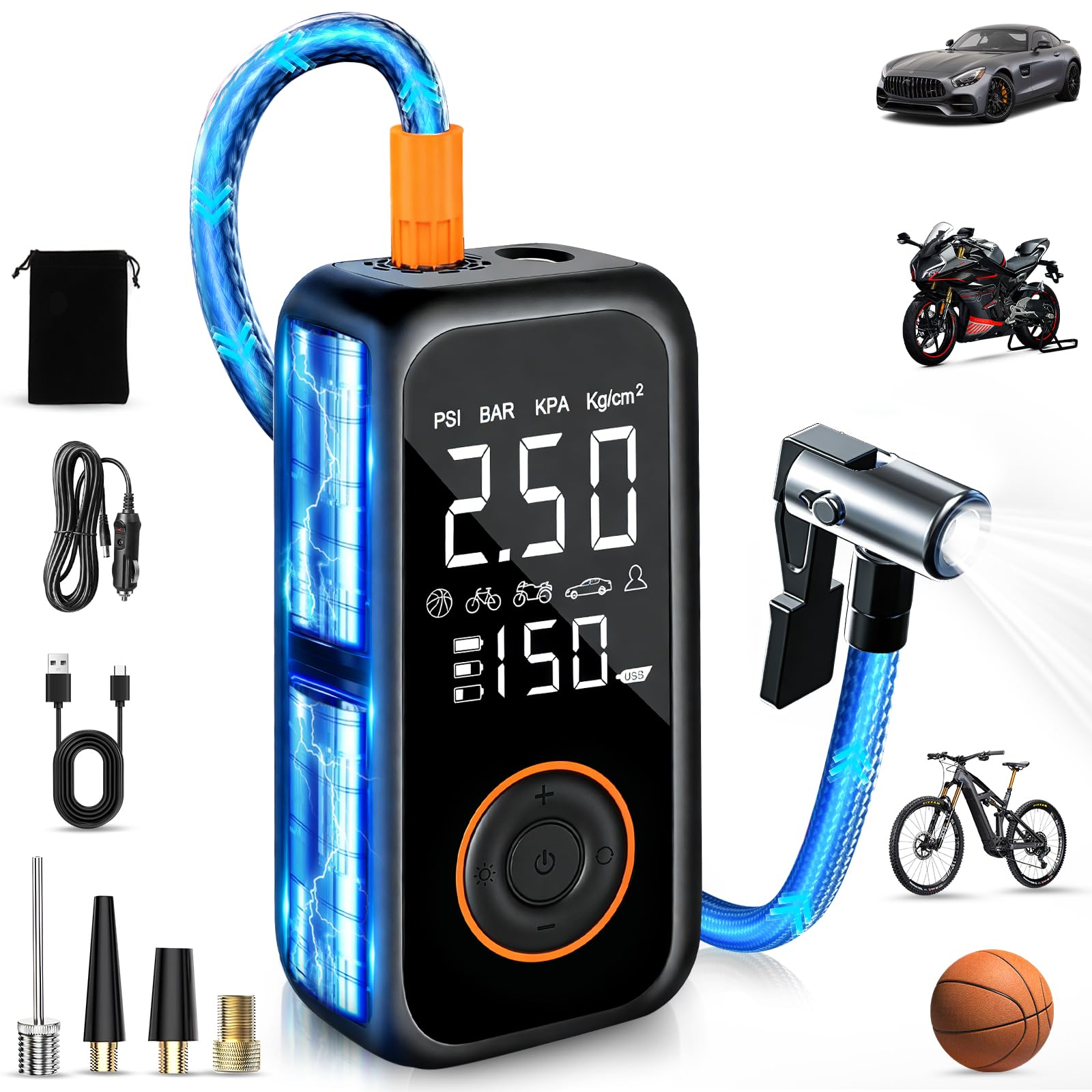 fietspomp-elektrisch-283mek-1.jpg Dictien 8000mAh draadloze bandenpomp, 150PSI draagbare elektrische fietspomp, bandenpomp luchtcompressor met automatische uitschakeling en LED licht, ... - Afbeelding 1