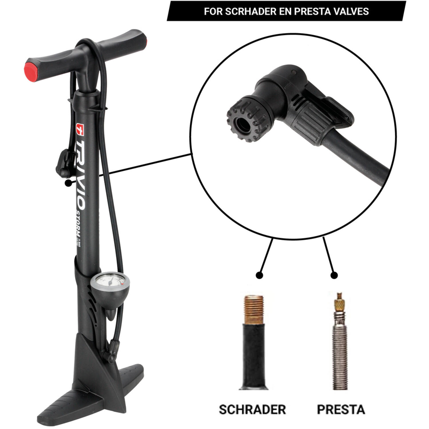 fietspomp-met-drukmeter-481ufu-1.jpg Trivio Breeze Fietspomp met drukmeter Dubbel Ventiel zowel presta als schrader. type storm - Afbeelding 1