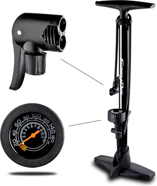 fietspomp-met-drukmeter-737uhi-1.jpg Matzwarte Fietspomp met Drukmeter én Extra Ventielen Multifunctioneel Mondstuk –... | bol - Afbeelding 1